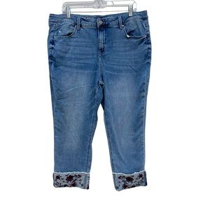 Laurie Felt Daisy Denim Cropped Easy Skinny Jeans Floral Hem Womens 18WP